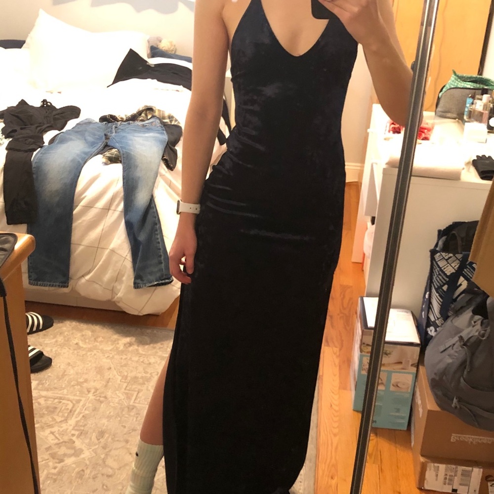 Velvet Dress - Navy Blue, Floor Length, Open back